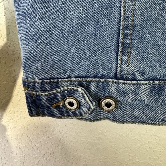 One Tuff Babe Denim Jacket Faux Fur Trim Blue Woman Size L Button Close - Picture 8 of 11